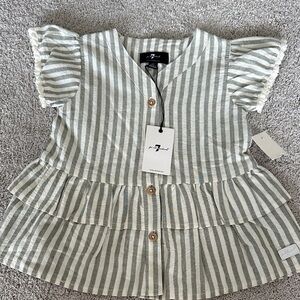 7 For All Mankind Sage & White Striped Ruffle Button Front Top - Kids